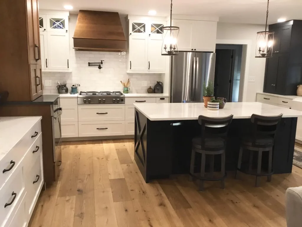 Chantilly Lace painted maple cabinets with Rustic Cherry pantry
